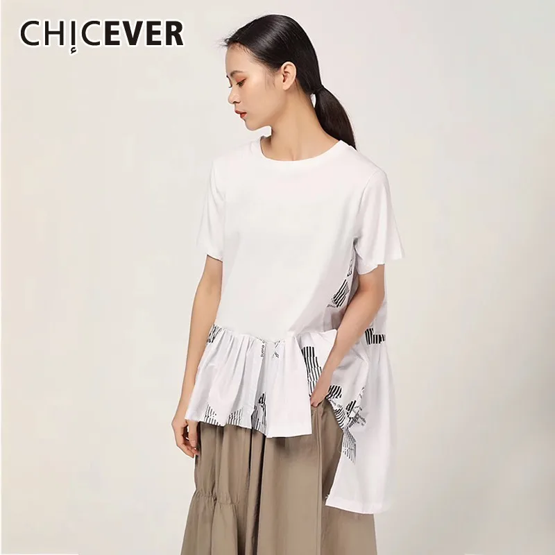 

CHICEVER Summer Casual Print Ruffles Hem Women T-shirt O Neck Short Sleeve Loose Plus Size Asymmetrical Female Top Clothing New