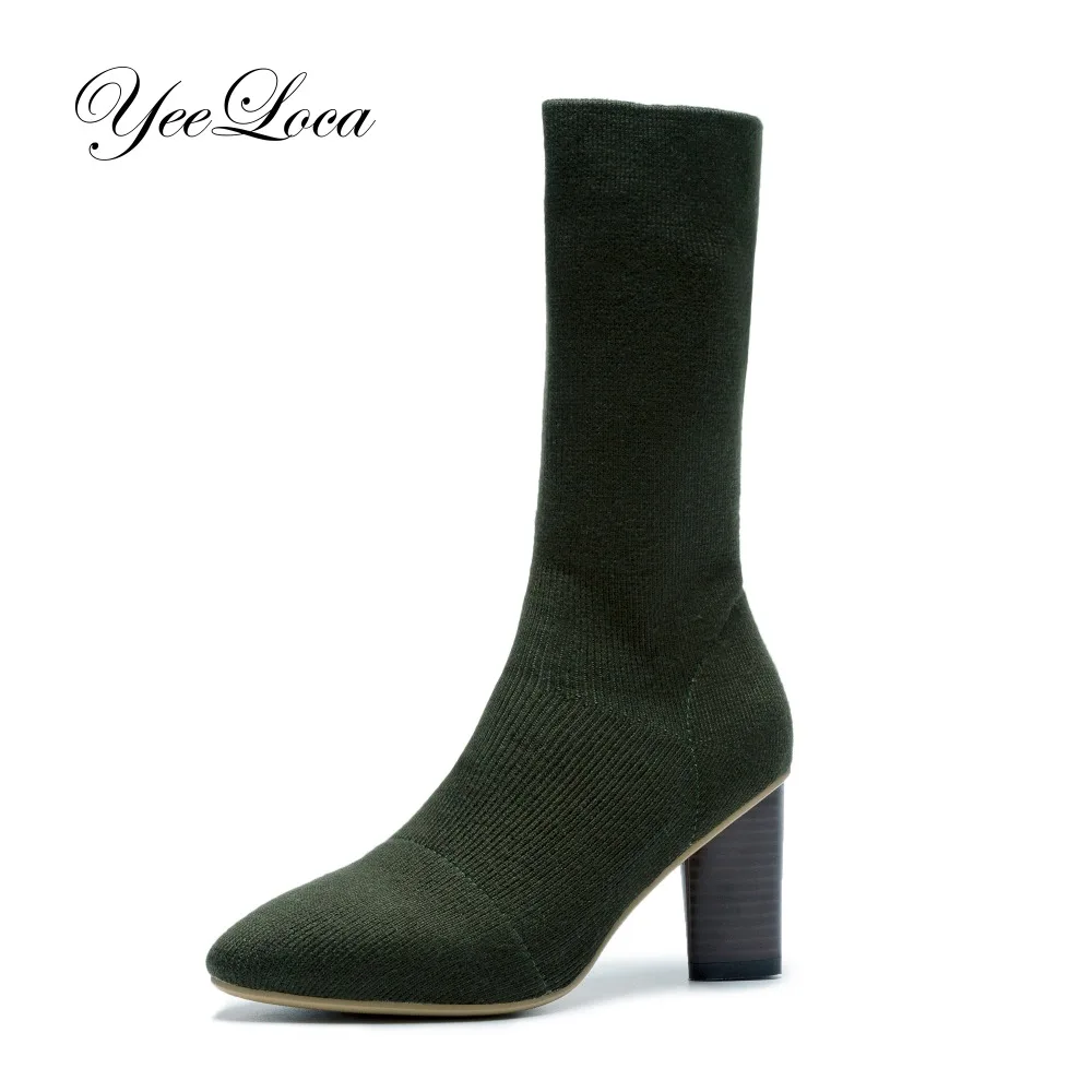 

Elastic Sock Boots With Heel Stretch Boots Sock Heels 2018 Autumn Knitting Boot Lady Mid-calf Boot Women Black Beige Botas Mujer