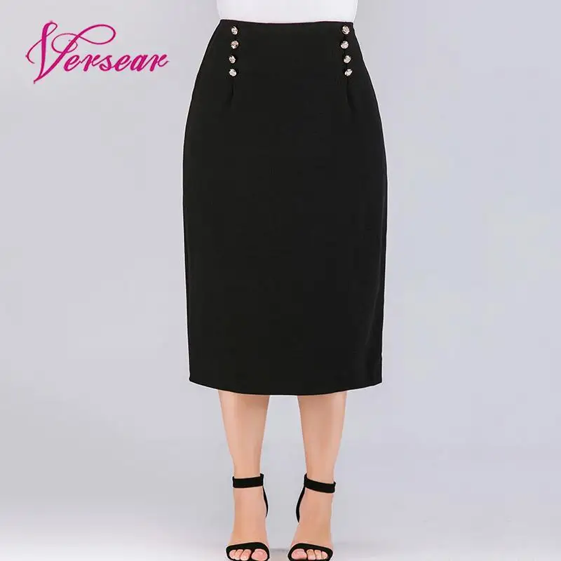 Versear Женская юбка однотонная пуговица с высокой талией молния сзади вечерние большой размер юбки черные элегантные женские деловые юбки