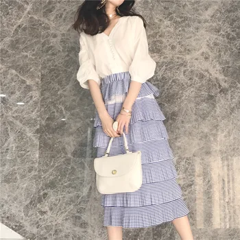 

Lychee Girls Striped Printing Ruffles Pleated Layered Skirt Elastic Waist Mid-Calf Skirt Women Summer Casual Skirts Streetwear