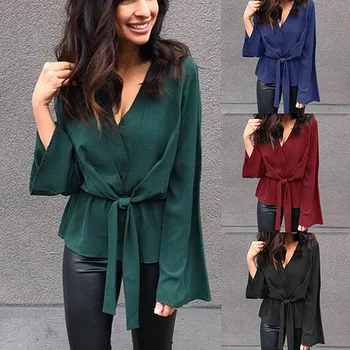 

2019 Fashion V Lead Bandage Long Sleeve Solid Color Woman T-shirts
