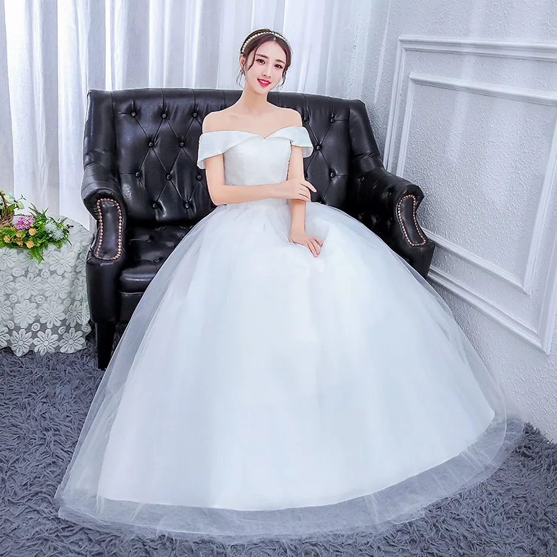 

White Wedding Dress Simple Princess Ball Gown Off Shoulder Organza Elegant Wedding Gown 2019 Lace Back Vestido De Noiva Renda