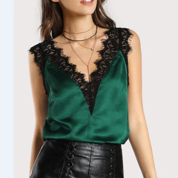 

new 2018 Satin Lace Blouses Sexy Shirts Summer V Neck Sexy Crop Top Women Loose Sleeveless Camis Casual Tops Blouse Shirt