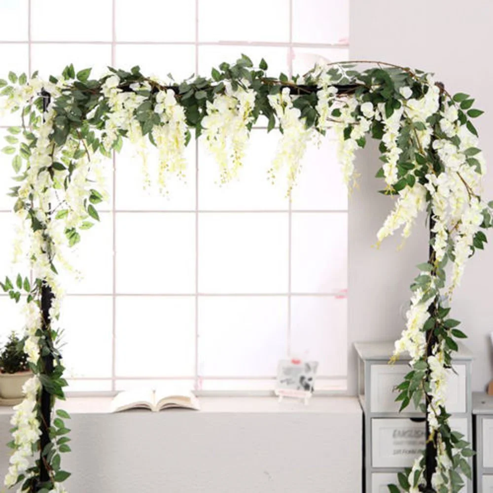 

4x 2m Artificial White Wisteria Flowers Vine Silk Flower home Wedding Garland Decoration DIY Wreath artificial Rattan string
