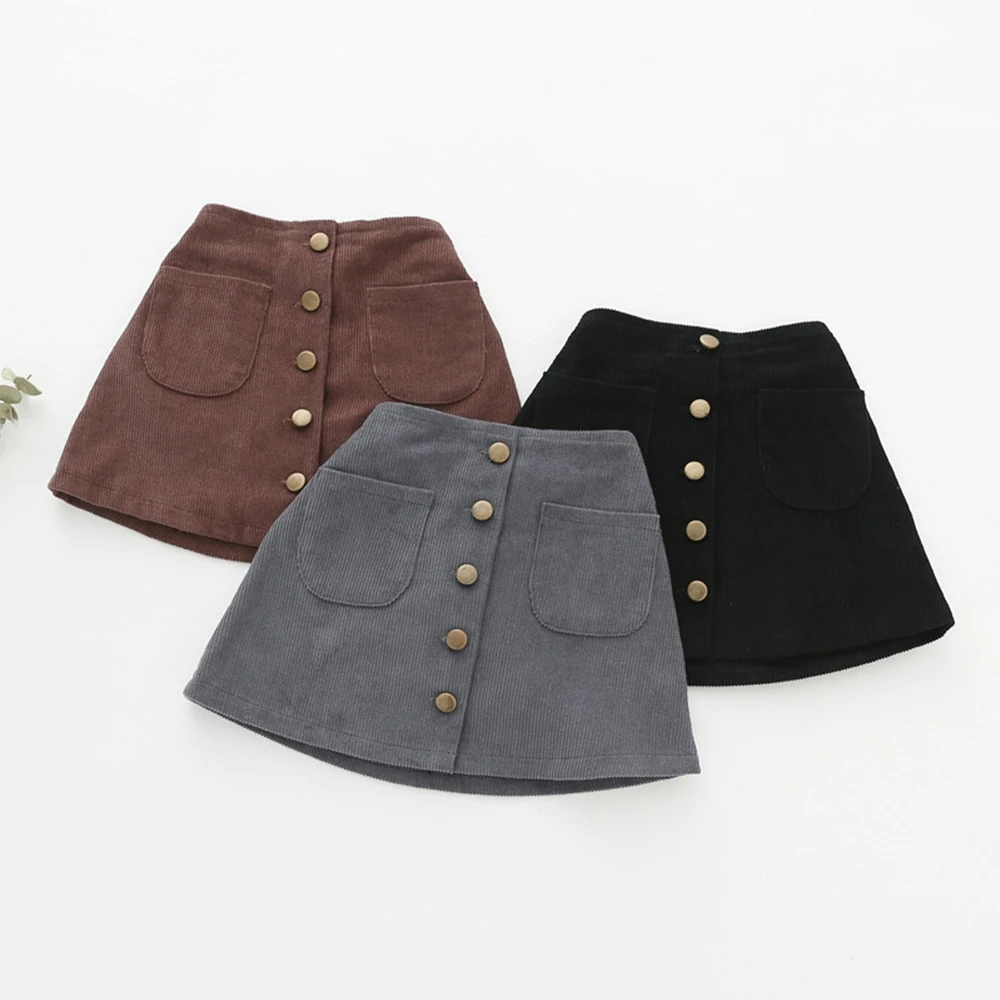 Solid Corduroy Girls Skirt Child Girl Clothes Autumn Winter Baby Girl Skirts Children Button
