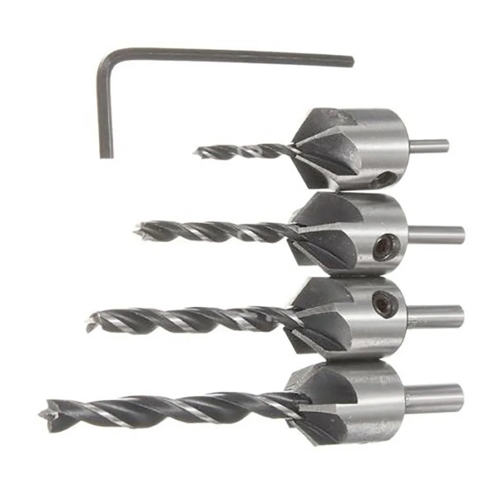 4Pcs Drills Countersink Drill Bit Set Three Tips Countersunk Head Woodworking Chamfering Device High Quality With Allen Wrench