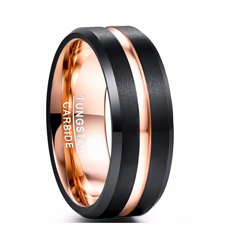 

Black Tungsten Steel Wedding Engagement Ring Rose Gold Inside Color Men Carbide Jewelry Never Fade