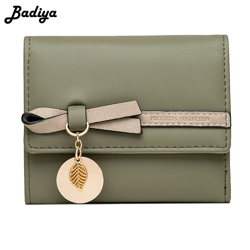 

Cute Girls Short Wallets PU Solid Color Trifold Bow Women Purses Credit Card Wallet Zipper Coin Pouch Ladies Leather Wallets