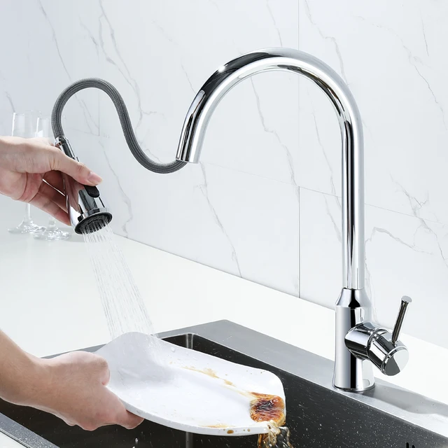 Special Offers Chrome Plate Kitchen Faucet Desk Mounted Pull Out Sink Water Tap with Spout Spray Swivel 360 Degree