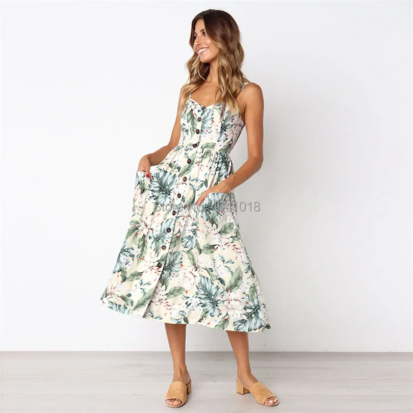 

Boho Sunflower Floral Print Summer Dress 2019 Women Sexy V-Neck Sleeveless Strap Midi Dress Backless Beach Sundress Tunic XXXL