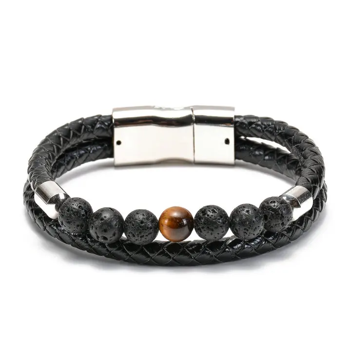 

BRIGHT MOON Fashion Jewelry Braided Tiger Eye Beads Leather Bracelet Stainless Steel Magnetic Clasps Men Stainless Steel Gifts