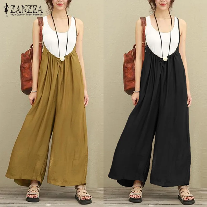 

2019 Summer Spring ZANZEA Rompers Womens Jumpsuits Vintage Strap Low Cut Sexy Leisure Loose Solid Overalls Plus Size Clothes 5XL