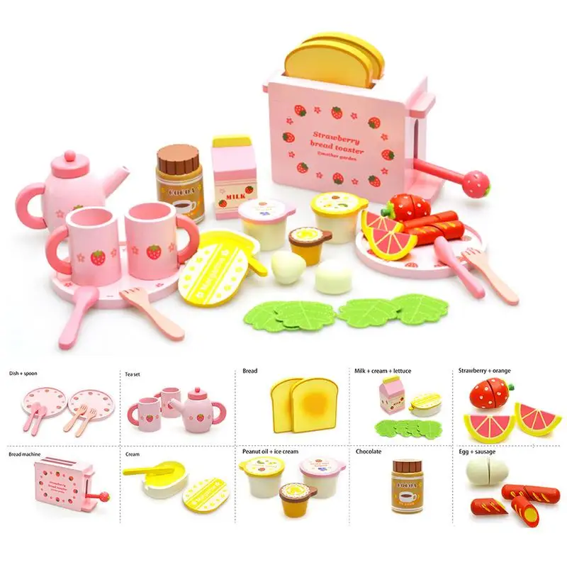 

Complete Set Wooden Bread Machine Kitchen Toys with Cute Dishes Spoons Tea Set Milk Fruits Model for Infants and Children