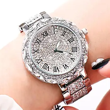 

New Arrival Silver Bling Watch For Women Roman Number Stainless Steel Analog Quartz Wristwatch Lady Luxury Diamond Watches