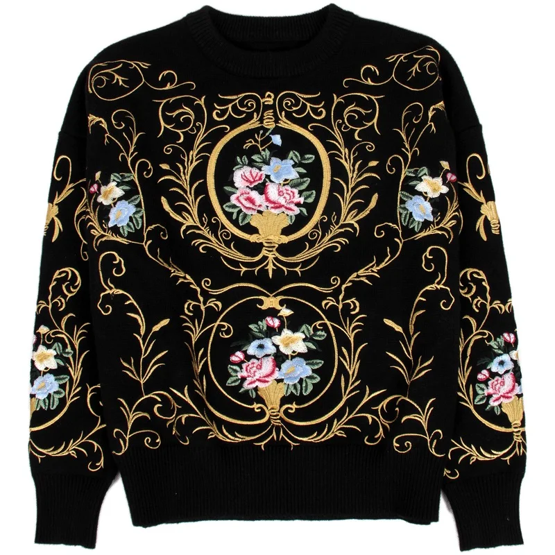 2018 зимний винтажный роскошный золотой линейный цветочный Emebroidery Женский вязаный