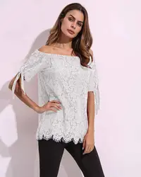 Женская Летняя Повседневная Свободная блузка рубашка 2019 Лоскутная кружевная однотонная сексуальная с открытыми плечами Slash шеи с коротким