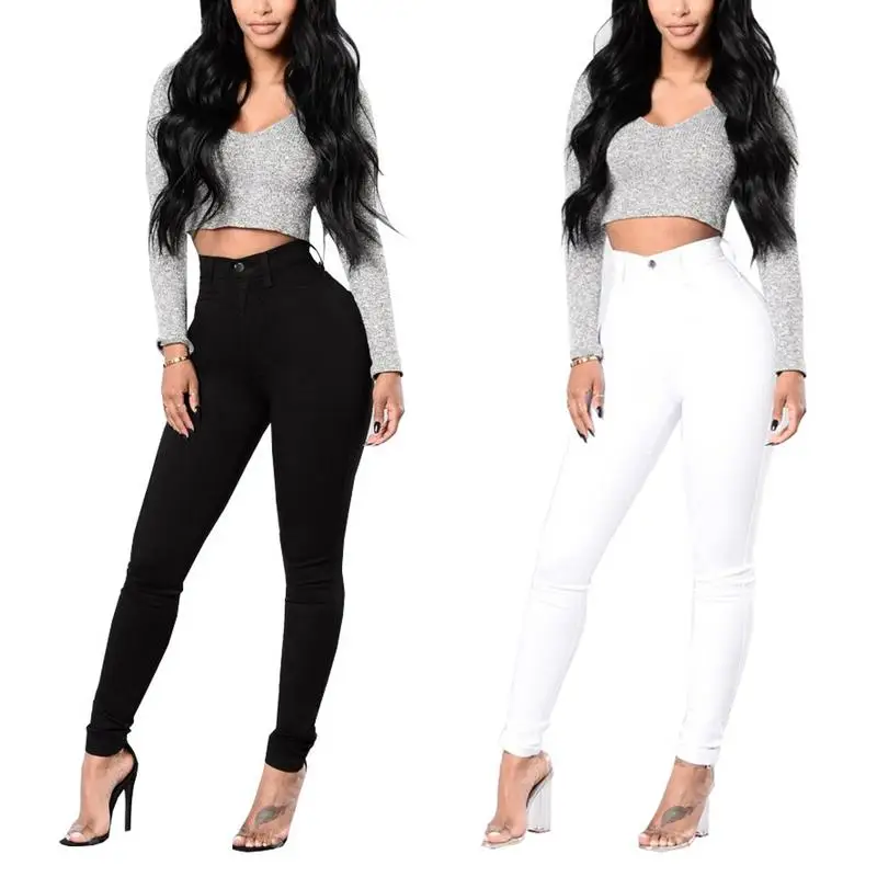 

2018 Black And White Color Women Denim Skinny Jeggings Pants High Waist Stretch Jeans Slim Push Up Pencil Trousers Female