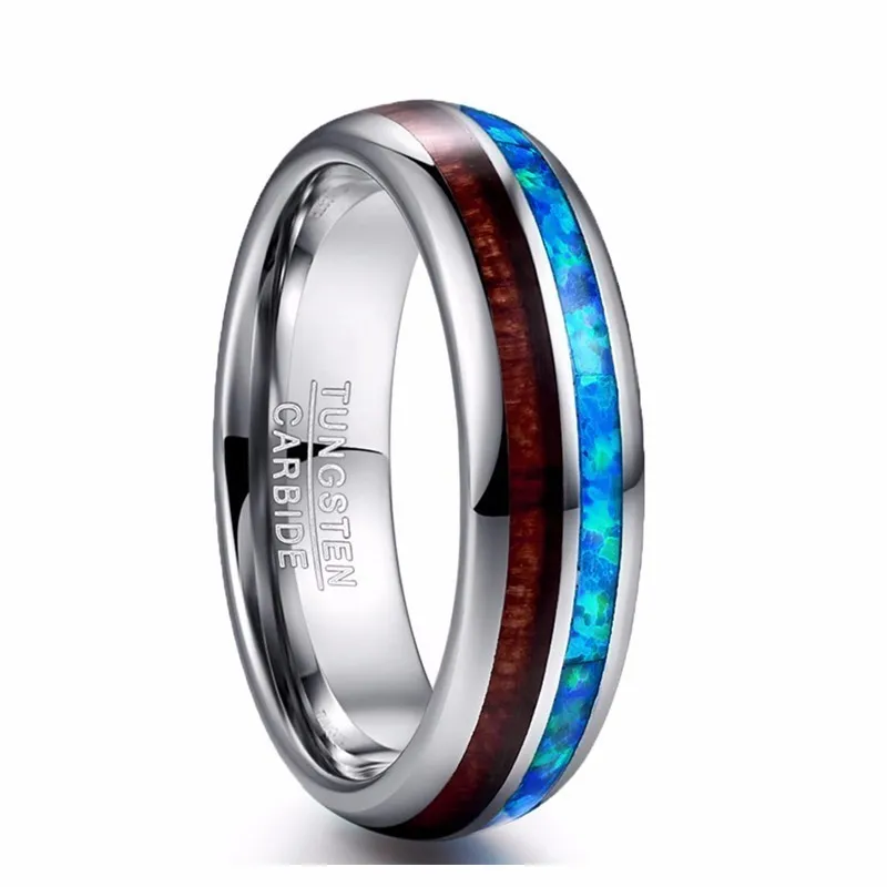 

6MM Wide Polished Abalone Shell Tungsten Carbide Rings Wood Blue Opal Tungsten Steel Wedding Ring