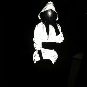 

New Fashion Women Sports Silver Reflective Long Sleeve Zipper Hooded Hoodies and Mini Skirt Workout Tracksuit