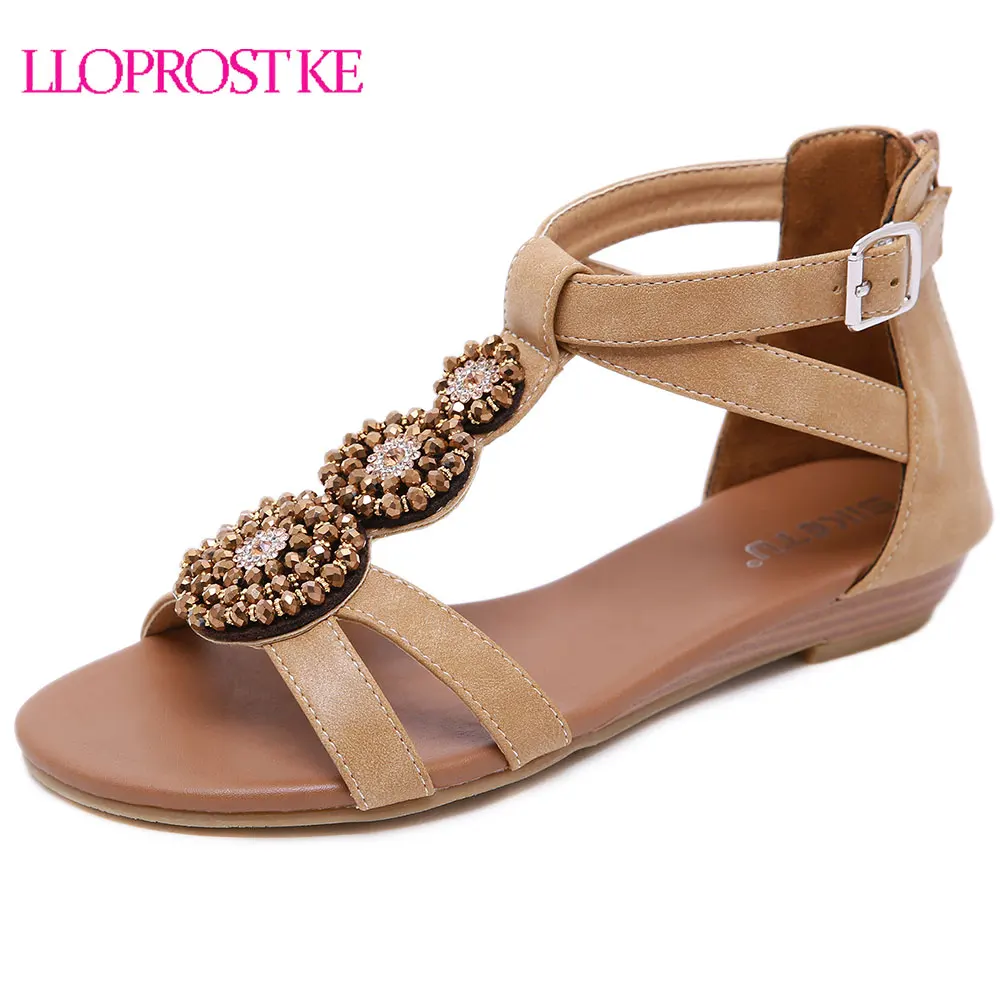 

Lloprost ke woman t-strap wedges flip flops sandals shoe fashion casual rhinestone Bohemian beach peep toe women shoes size 42