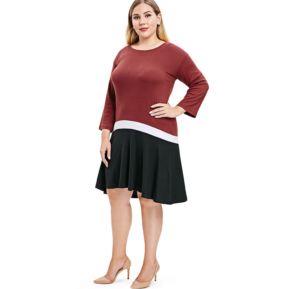

Spring Casual Plus Size Tee Dress Color Block Women Long T Shirt Top Tee Shirt Dress Vestido Autumn Knee-Length Sheath Dresses