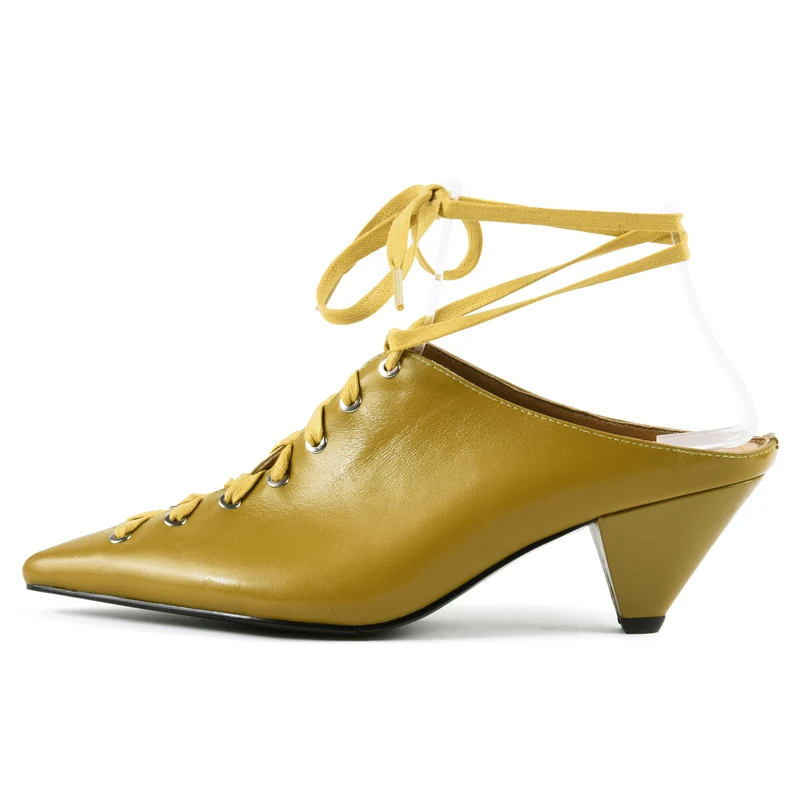 

Green Genuine Leather Women Mules 7 CM High Heels Sexy Pointed-toe Summer Slippers Lace-up Woman Pumps Box packing X15
