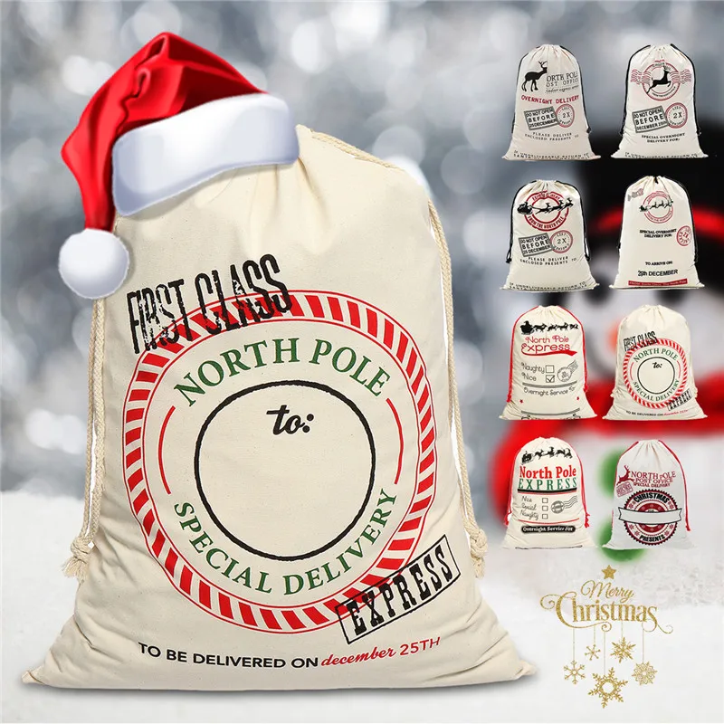 Canvas Santa Bags with Drawstring Christmas Gift Large Christmas Sacks 50X70cm