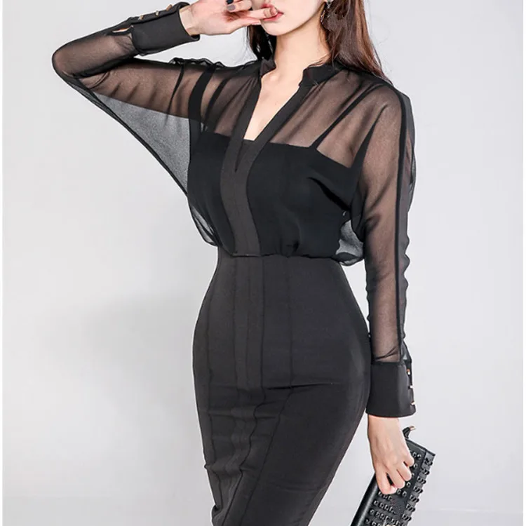 

2019 Spring Summer Sexy Backless Pencil Dress Women Mesh Long Sleeve Empire Dress Casual Work Sheath Dresses