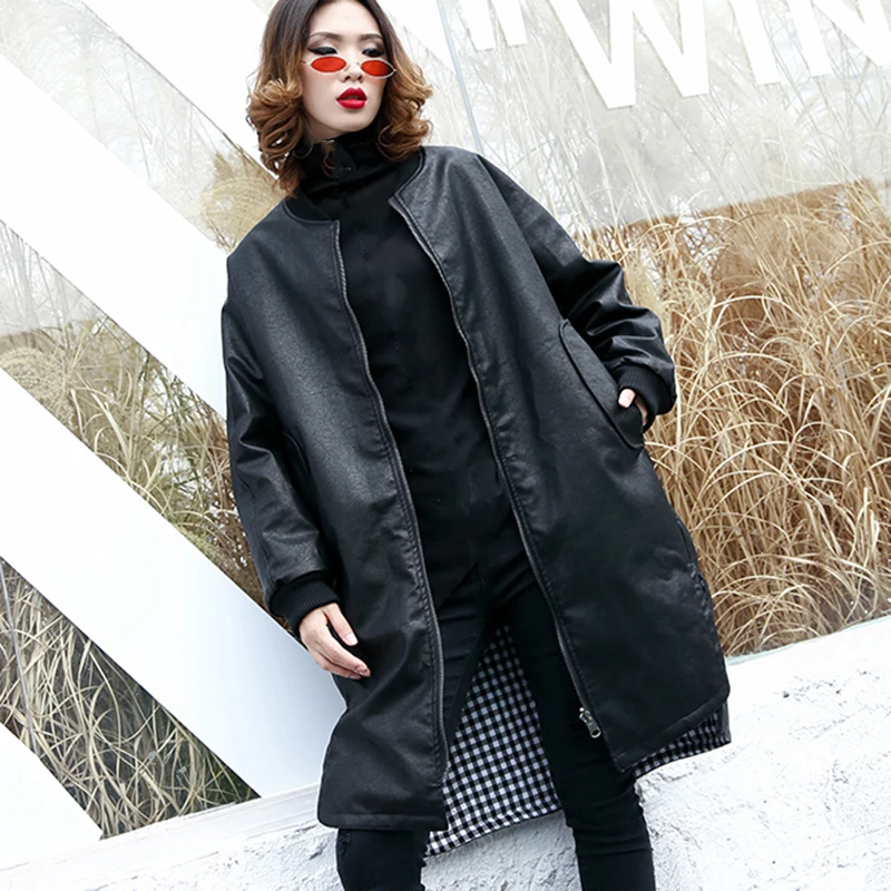 Noir Femme Éclair Printemps Pièce Col Cuir Longues Hiver À En Le384 Plaid Montant eam Black Manteau Lâche Manches Fermeture 2019 2 Faux Spliced Poches q4Ixw5P