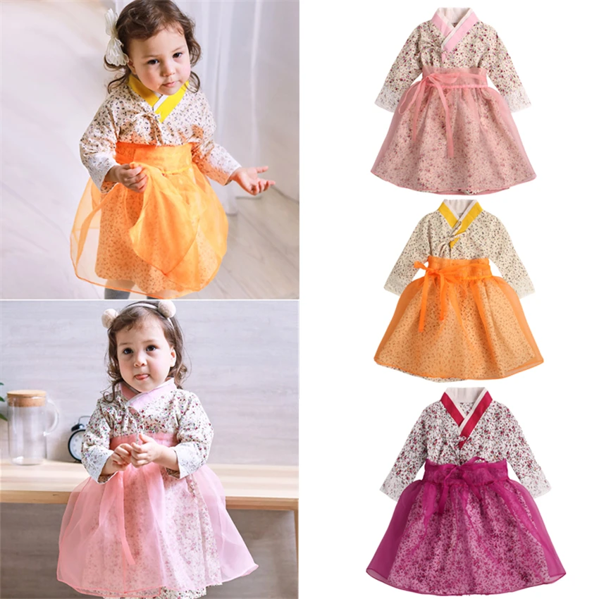 

New Baby Girls Traditional Korean Hanbok Fashion Style Dress Cotton Long Sleeve Print 1-6 Years Old Child Asian Clothing