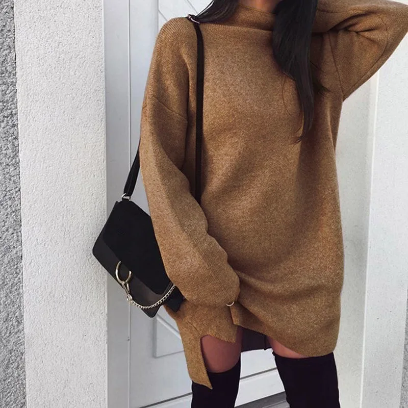 

Winter Dress Women Turtleneck Knitting Dresses Solid Loose Pullover Clothes For Female Plus Size Causal Women Dress Winter