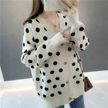 

Woman 2019 Knitting Upper Garment Polka Dot Cardigan Jacket Loose Coat