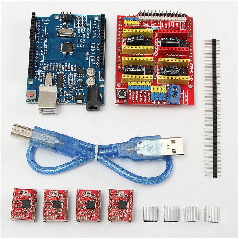 Щит с ЧПУ Плата расширения + 4 x A4988 Драйвер шагового двигателя с радиатор + наборы для плат для-arduino гравер 3D-принтеры