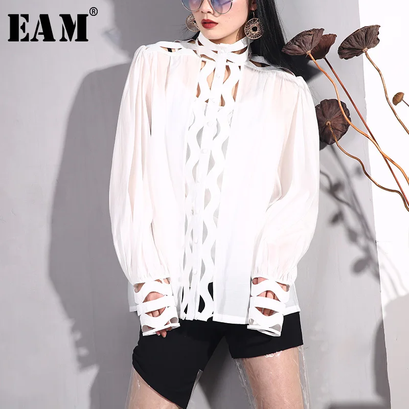

[EAM] 2019 New Spring Summer Stand Collar Long Lantern Sleeve White Loose Perspective Shirt Women Blouse Fashion Tide JO561