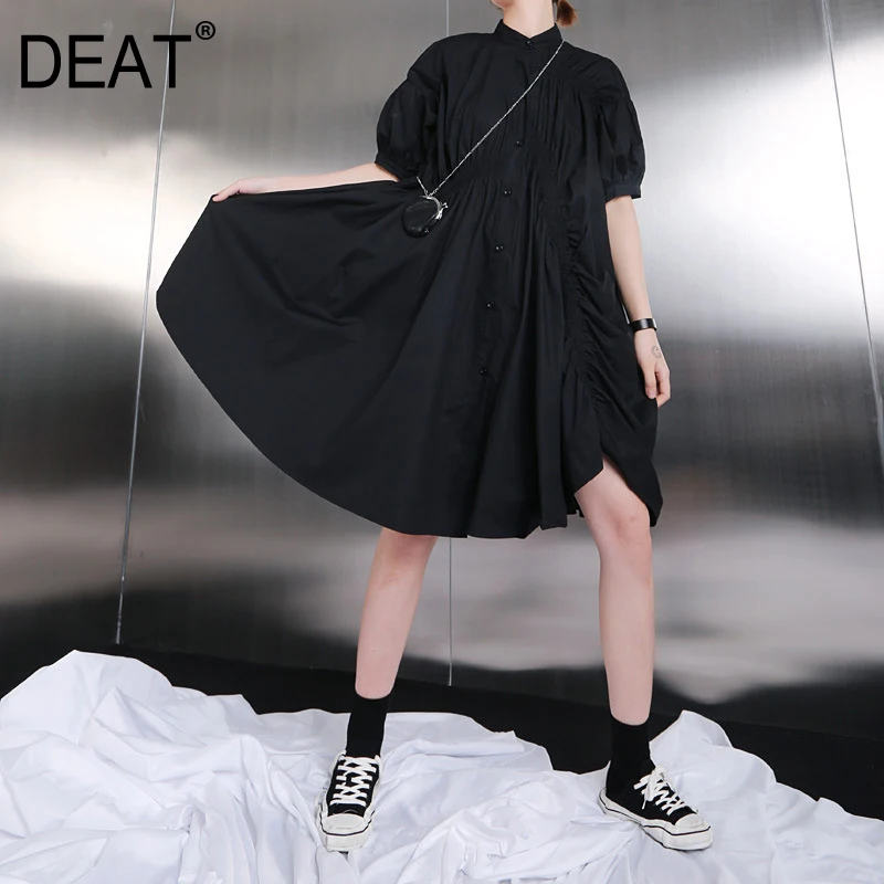 

[DEAT] 2019 New Autumn Winter Stand Collar Short Sleeve White Irregular Pleated Stitch Big Size Dress Women Fashion Tide JT59