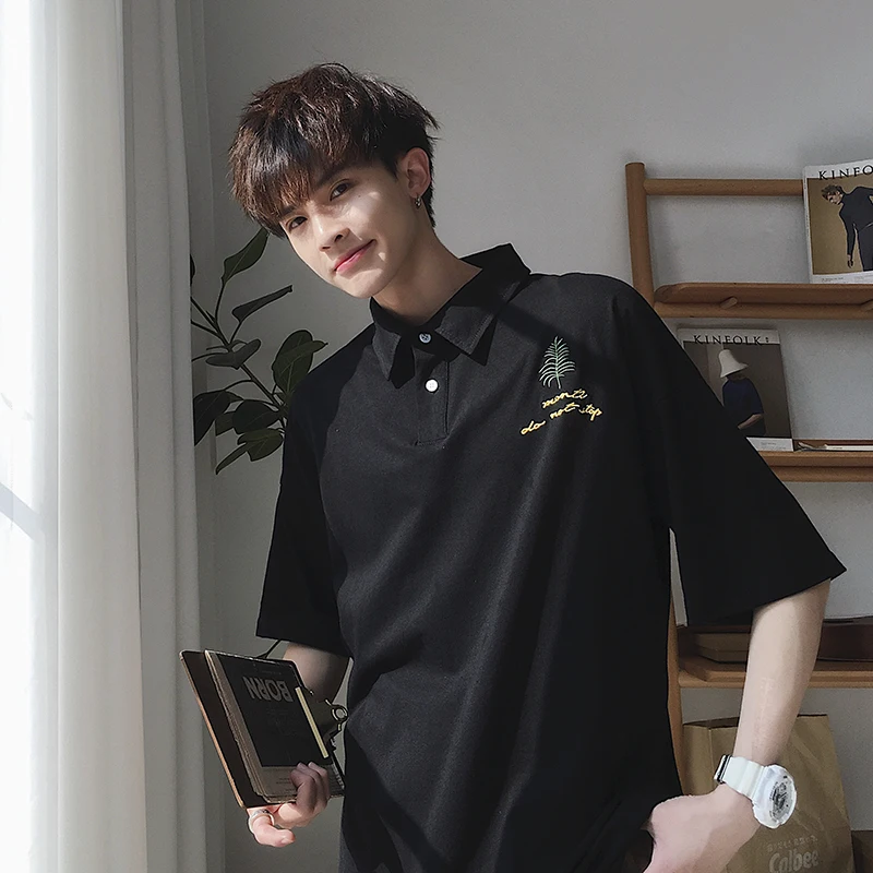 

Men's T-shirt 2019 Summer New Youth Popular Loose Solid Color Lapel Pullover Embroidery Printing Youth Casual Men's Clothing
