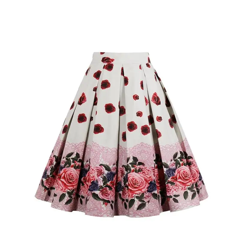 50s Винтаж, ретро-стиль, с принтом красной розы Букет Цветочный принт Высокая Талия Миди-юбки до колена Длина Длинная женская юбка