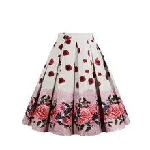 50s Винтаж, ретро-стиль, с принтом красной розы Букет Цветочный принт Высокая Талия Миди-юбки до колена Длина Длинная женская юбка