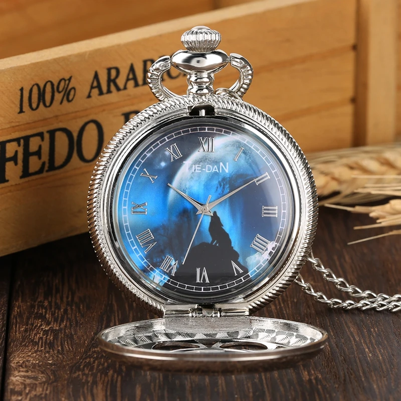 Творческий Синий Волк циферблат кварцевые карманные часы Подвеска "Ночь" украшения ожерелье цепочка FOB серебряные часы как кулон подарки для мужчин и женщин