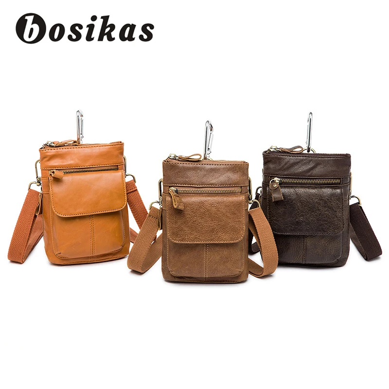 BOSIKAS Men Bag Genuine Leather Bag Belt Waist packs Casual Belt button Men's Phone Coin Pouch Bags fanny pack Male Shoulder Bag