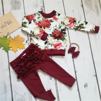 

Newborn Baby Girls Winter Outfits Clothes Flower Tops+Ruffle Pants 3Pcs New Flower Printed Top Drape Stringy Selvedge Pants Set