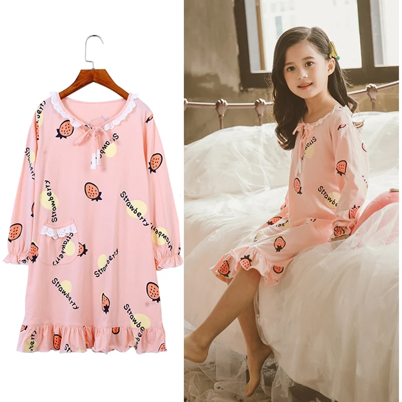 

New Girls Princess Strawberry Pattern Nightgowns Summer Children's Clothing Children Long Sleeve Cartoon Nightdress Kids Cotton