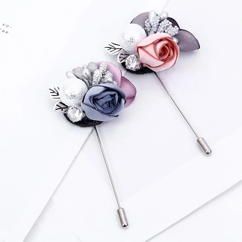 

1PC Flower Brooch Rhinestone Colorful Cloth Gray Pink Handmade Cardigan Silver Color Lace Sweater Crystal Simulated Pearl Alloy