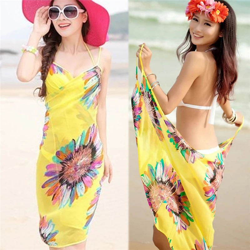 

Summer Women Floral Bikini Cover Up Beach Dress Sarong Pareo Sexy Print Bathing Suit Beach Wear Pareo Swimwear Mesh Tunic Robe