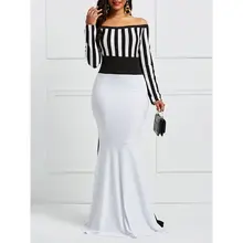 Maxi Sexy Dresses Elegant Women Off Shoulder Long Sleeve Stripes Color Block White Black Bodycon Mermaid Christmas Party Dress Maxi Sexy Dresses Elegant Women Off Shoulder Long Sleeve Stripes Color Block White Black Bodycon Mermaid Christmas Party Dress