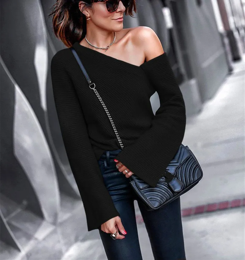 [EWQ] Весенняя мода стиль с вырезом лодочкой однотонный вязаный пуловер с длинным рукавом Уличная одежда свитер для женщин AC94417