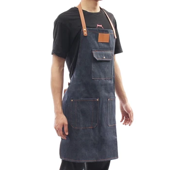 

New Aprons Denim Leather Simple Uniform Unisex Adult Jeans Aprons For Chefs Butcher Kitchen Cooking Craft Baking