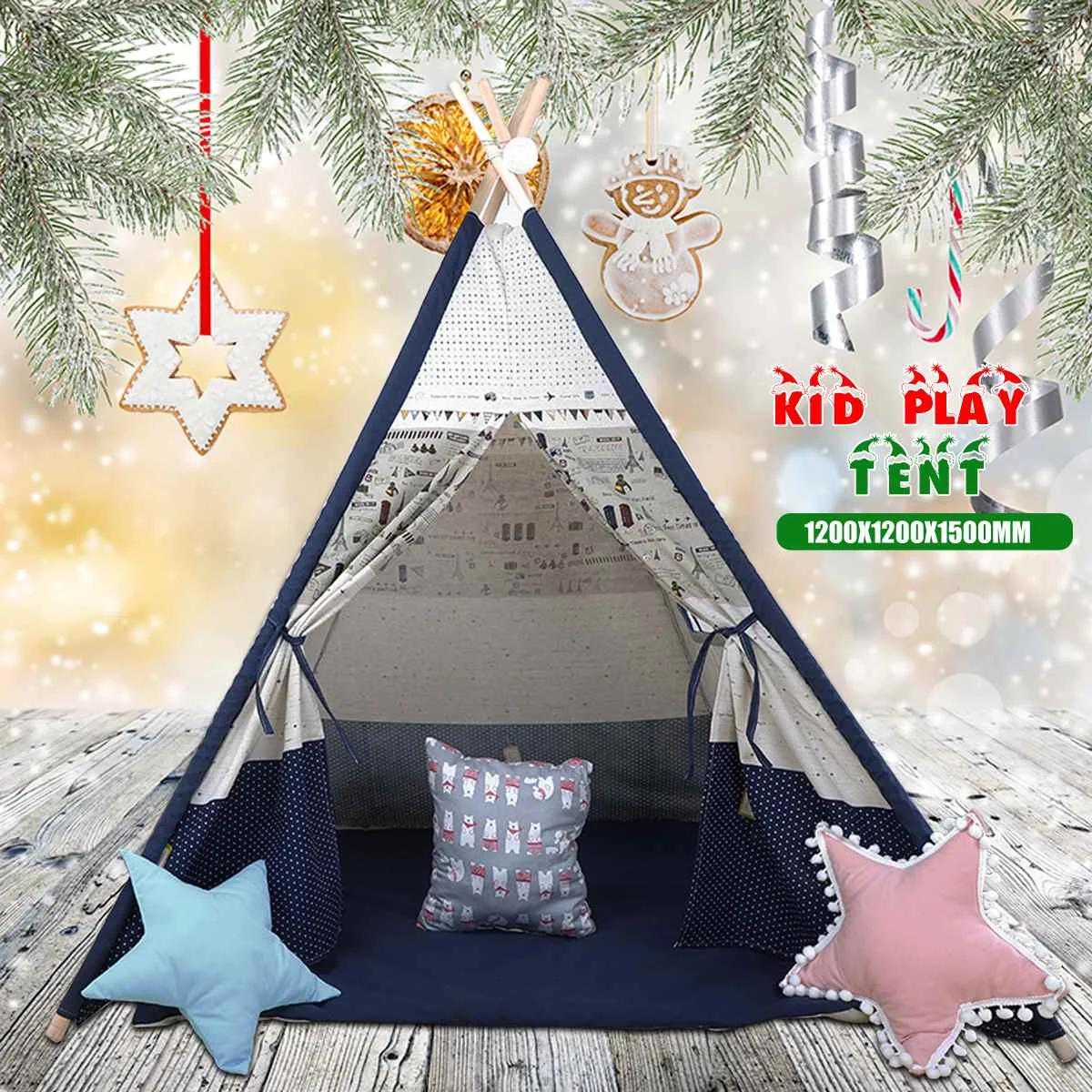 

1200x1200x1600mm Large Teepee Tent Kids Canvas Home Pretend Play Outdoor Indoor Kid Christmas Gifts