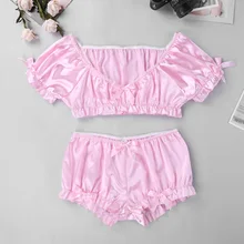 Гладкий мягкий атласный купальный костюм из двух частей, мужской комплект нижнего белья с бантом, укороченный топ с Шароварами, боксер для мужчин, геев, восхитительное сексуальное нижнее белье