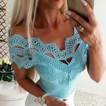 

Off Shoulder Tops Womens Tops and Blouses Slash Neck Hollow Out lace Print Short Sleeve Blouse Shirts Blusa Feminina